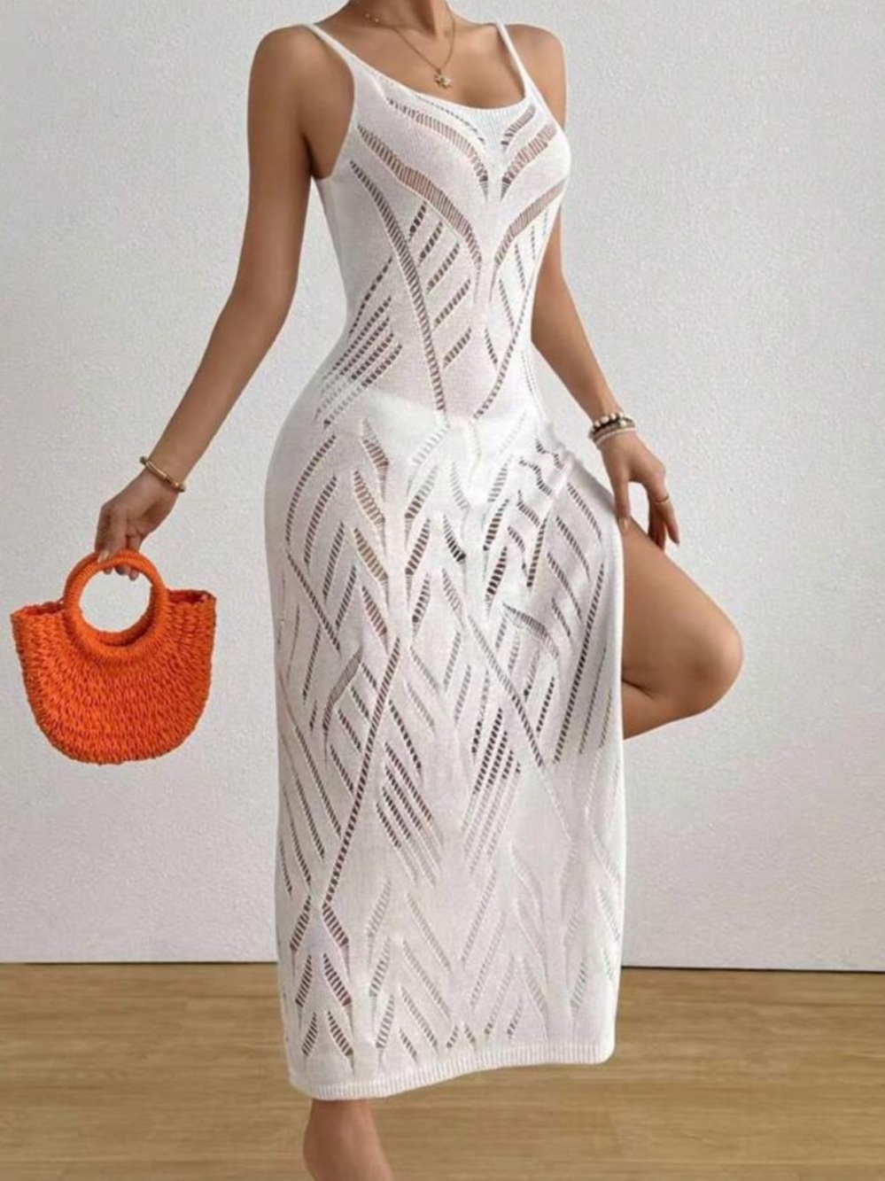 White Knit V-Neck Midi Dress - Picture 3 of 7